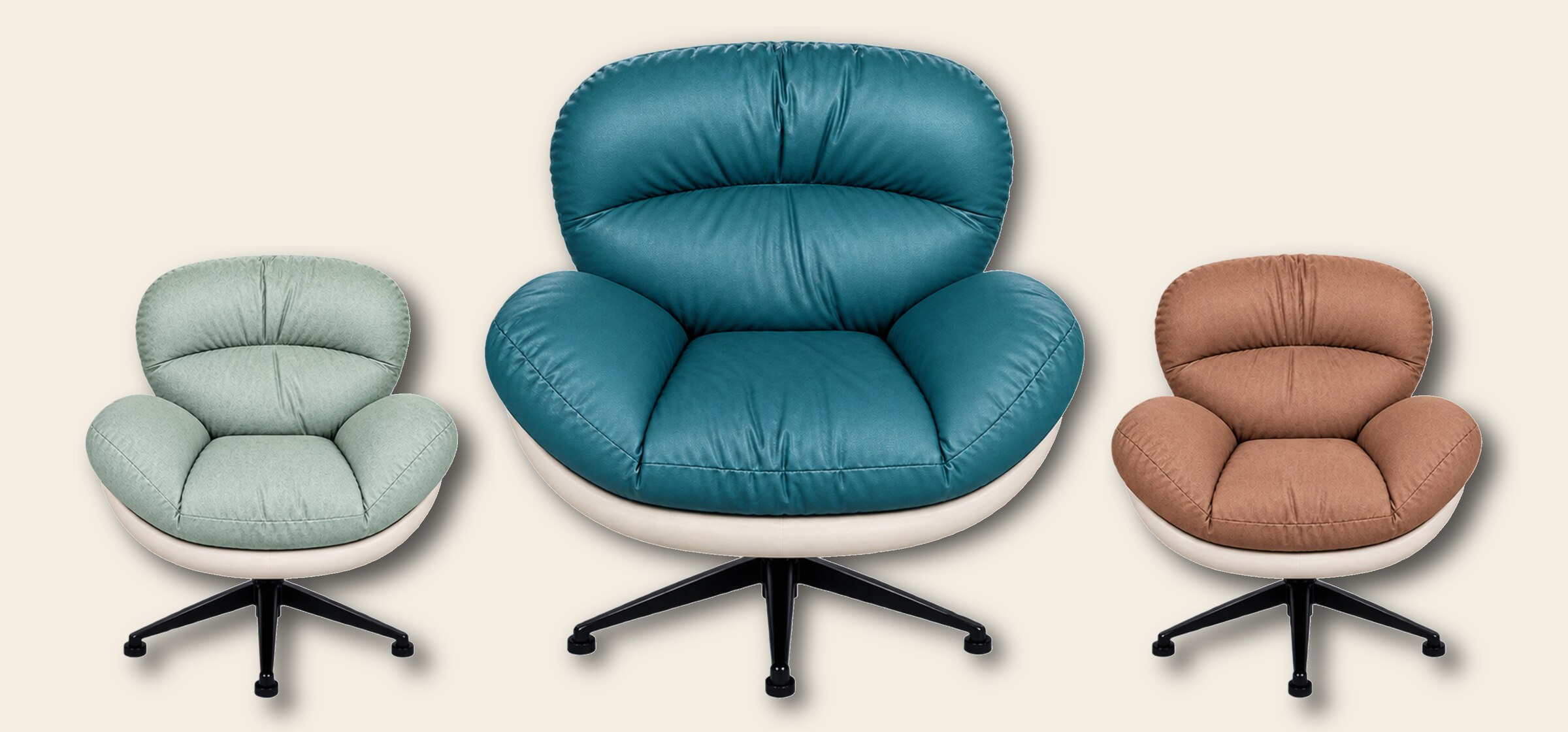 Three DKS 301 lounge chairs in sage, teal and tan