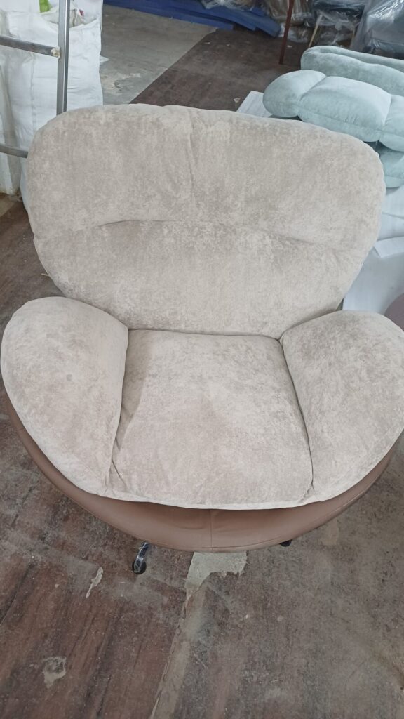 DKS 301 sofa chair in taupe, photographed in the Delhi workshop before dispatch