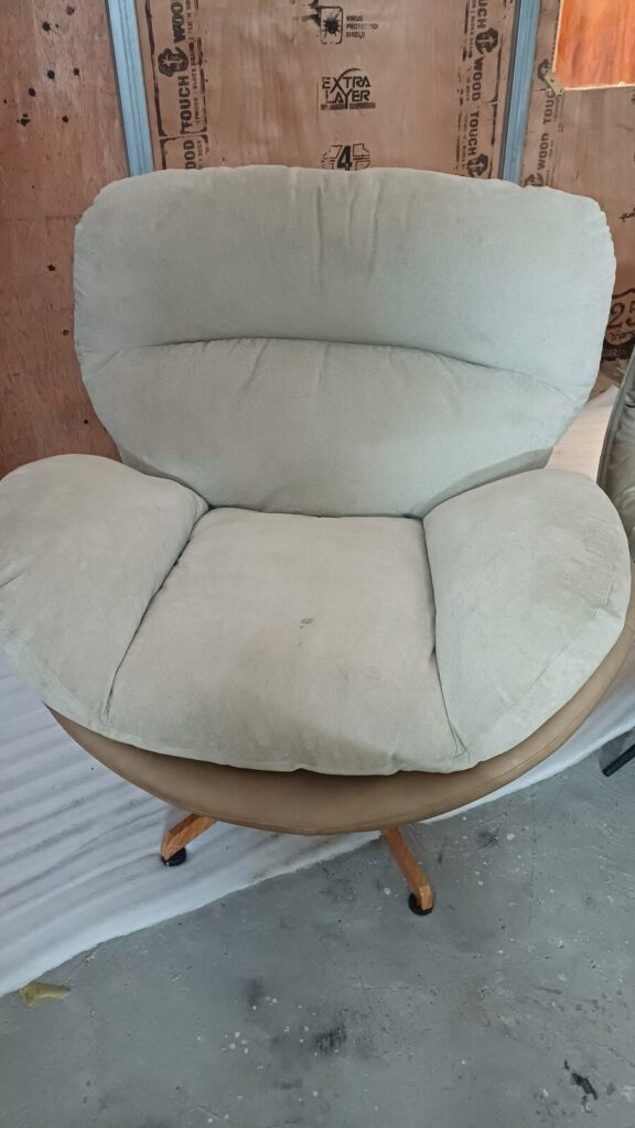 DKS 301 sofa chair in sage green, photographed in the Delhi workshop before dispatch