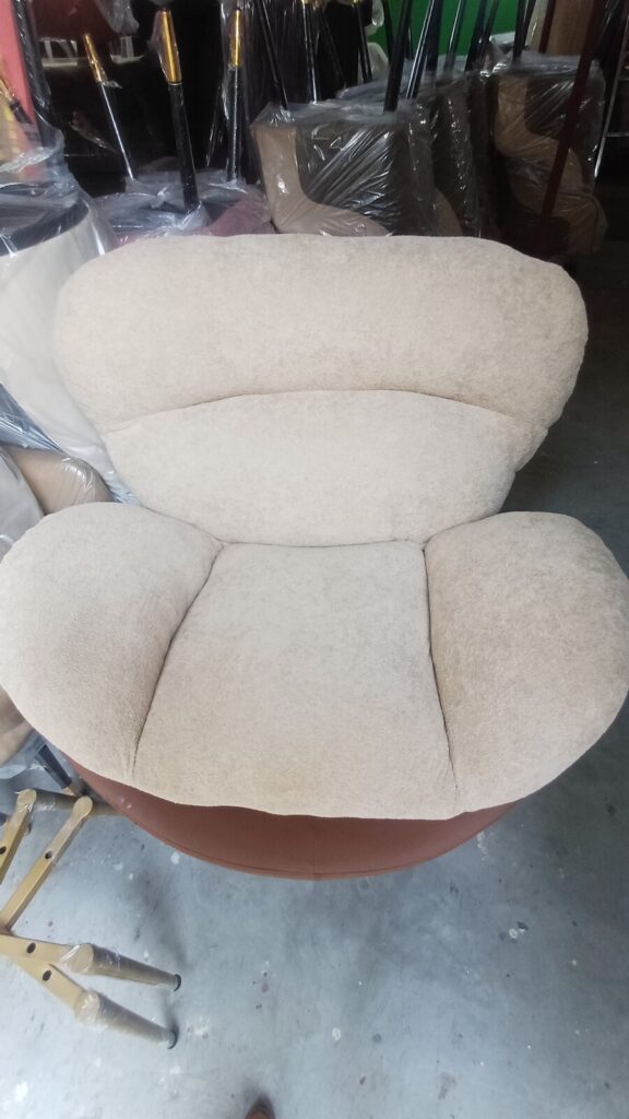 DKS 301 sofa chair in cream boucle, photographed in the Delhi workshop before dispatch