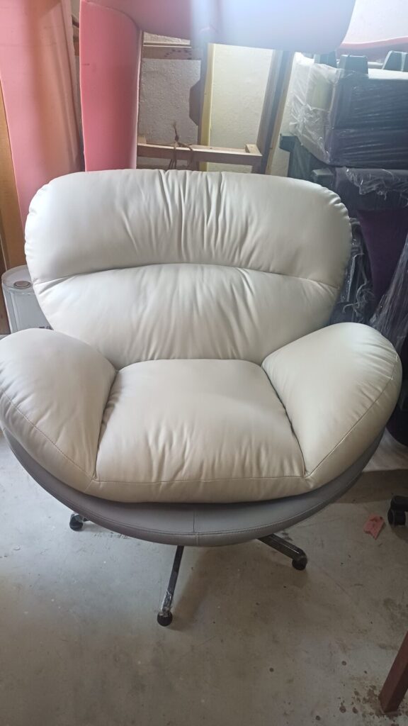 DKS 301 sofa chair in ivory, photographed in the Delhi workshop before dispatch