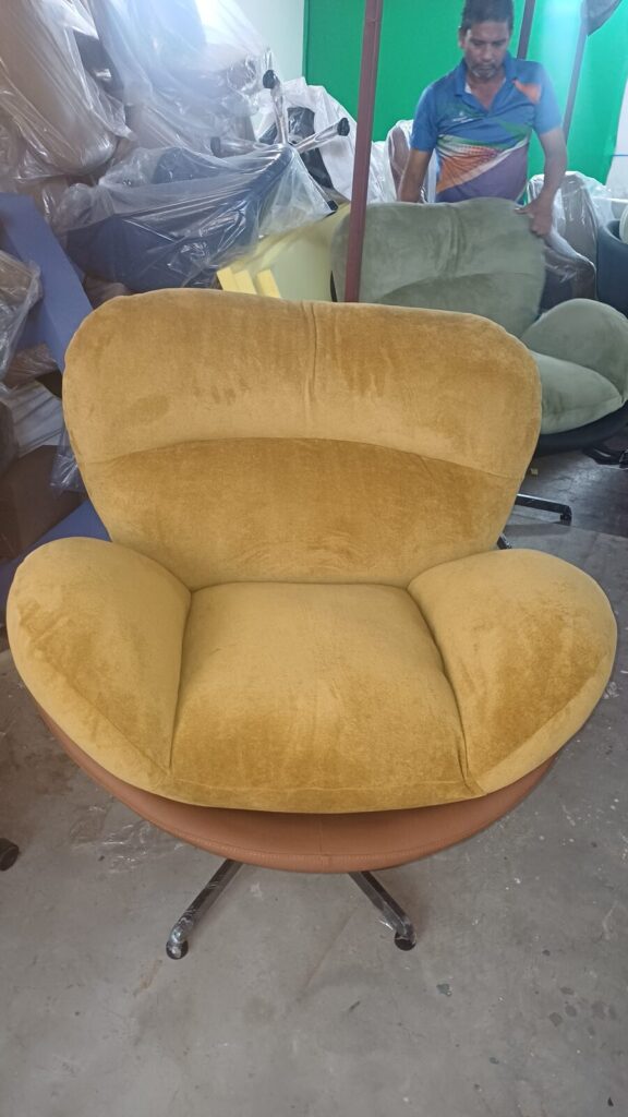 DKS 301 sofa chair in mustard, photographed in the Delhi workshop before dispatch