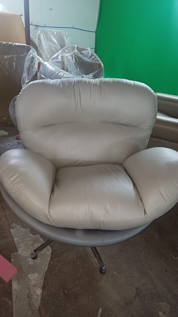 DKS 301 sofa chair in greige, photographed in the Delhi workshop before dispatch