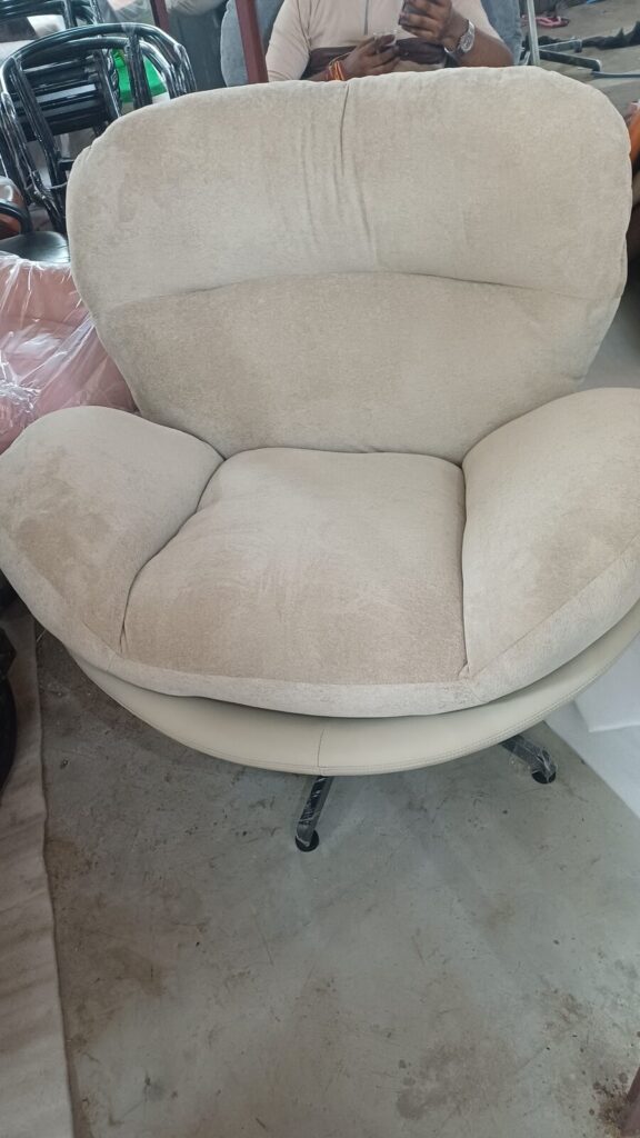 DKS 301 sofa chair in beige, photographed in the Delhi workshop before dispatch