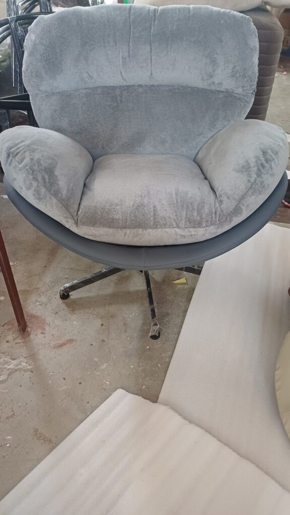 DKS 301 sofa chair in grey, photographed in the Delhi workshop before dispatch