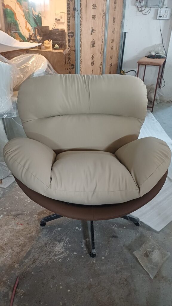 DKS 301 sofa chair in sand, photographed in the Delhi workshop before dispatch