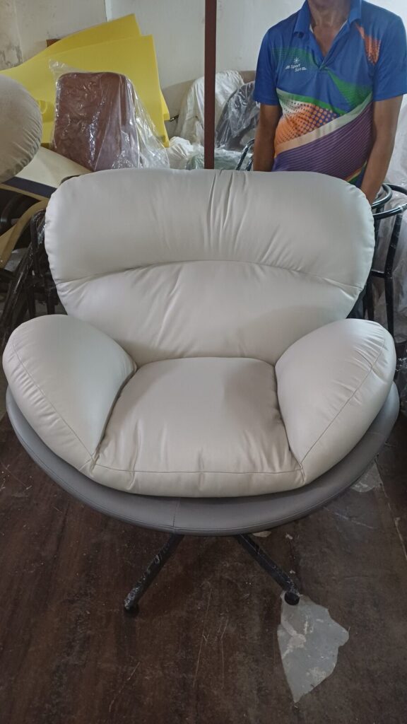 DKS 301 sofa chair in ivory, photographed in the Delhi workshop before dispatch