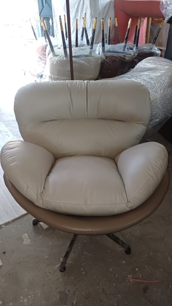 DKS 301 sofa chair in ivory, photographed in the Delhi workshop before dispatch